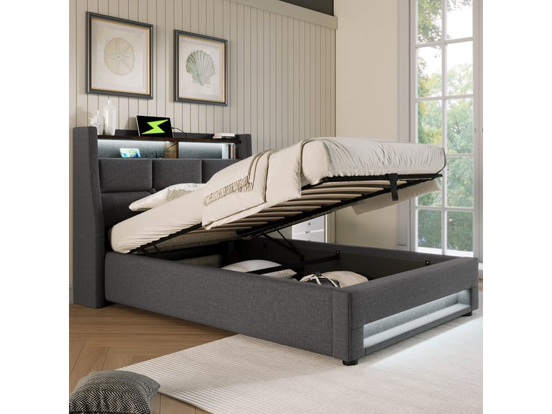  Lit coffre 90x200 cm, rangement hydraulique, éclairage led, usb, sommier à lattes, style vintage, gain de place pour chambre - gris  - Conforama B