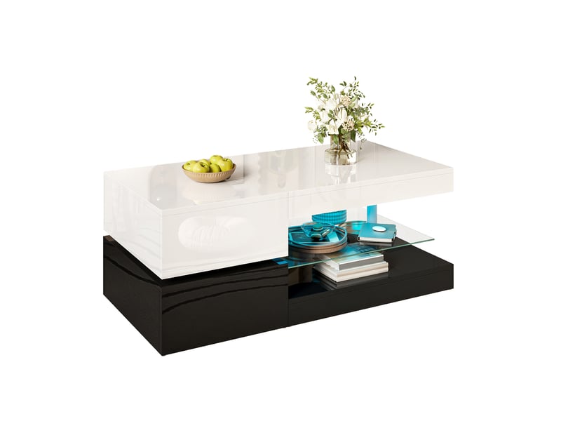 Table basse noir, rangement, éclairage led, portes vitrées, design moderne, structure robuste - 90x45x35.5cm - salon - n621p314466w  - Conforama A