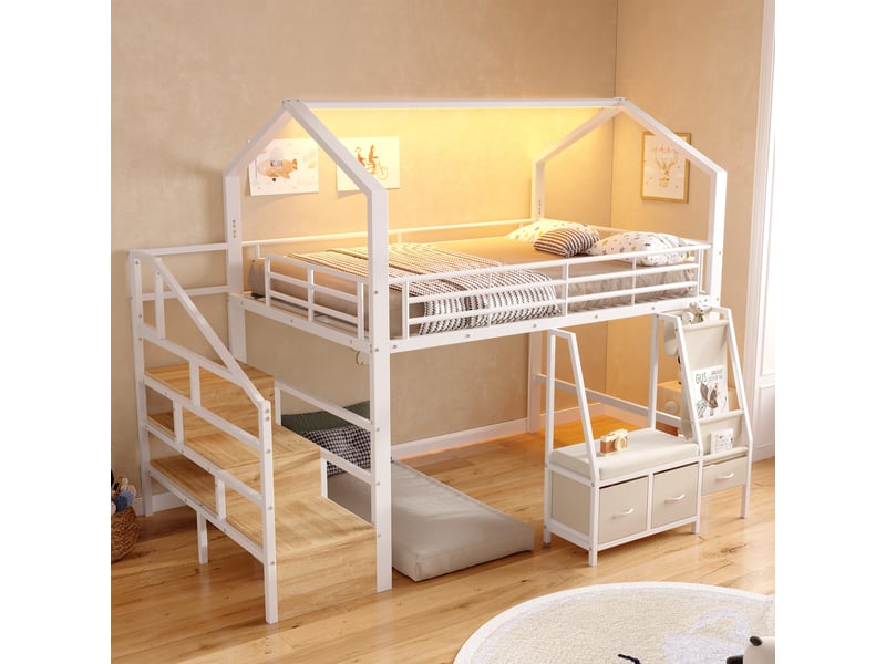  Lit mezzanine étagères 140x200 cm en métal avec en tissu, tiroirs, rangements dans l'escalier et bande led - blanc Morn Vibe - Conforama B