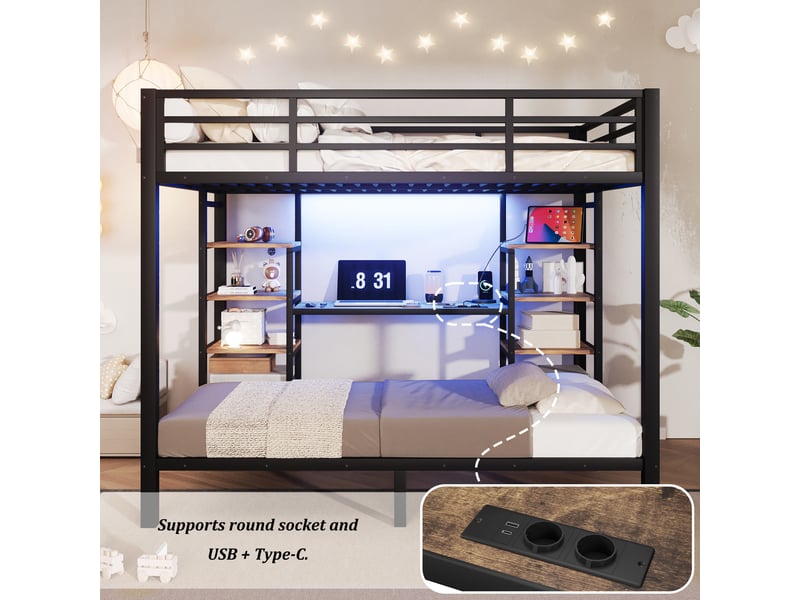  Lit superposé familial 140x200 et 90x200 cm, étagères, led, prise, usb et type-c, métal noir Radiant Stride - Conforama E