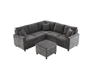 Canapé d'angle convertible en chenille gris avec liseuse et ports usb
