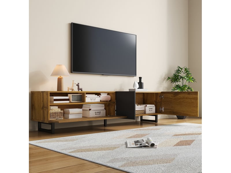 Meuble tv 170 cm à 3 portes et 2 niches, panneaux mélaminés, décor bois gris foncé - Conforama E