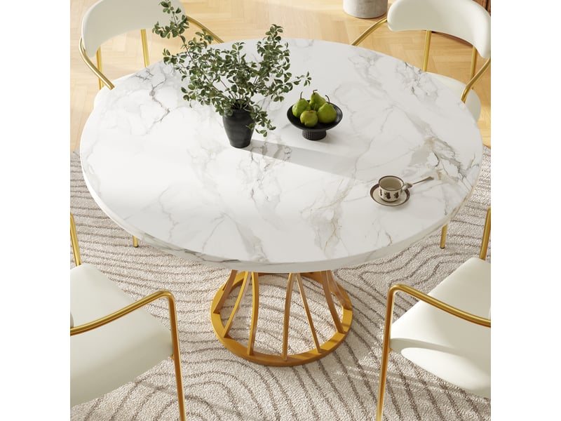  Table ronde, table légère et élégante, idéale pour 4 à 6 personnes, pieds dorés, plateau en mdf effet marbre  - Conforama B