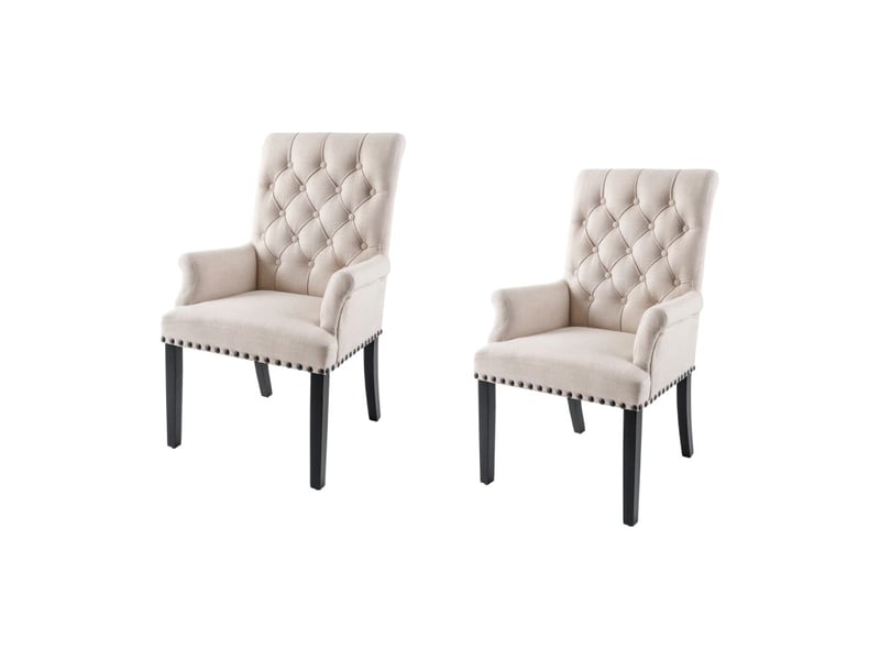  Lot de 2 fauteuils de table chesterfield regina beige capitonnés – accoudoirs, clous noirs et pieds en bois d'hévéa  - Conforama A