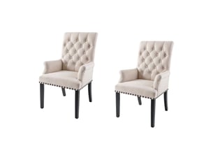 Lot de 2 fauteuils de table chesterfield regina beige capitonnés – accoudoirs, clous noirs et pieds en bois d'hévéa