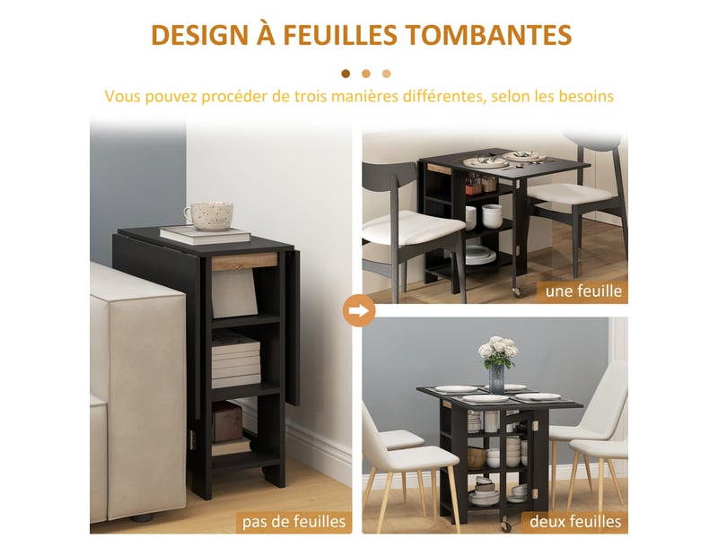 Table de cuisine table de salle à manger pliable amovible 3 étagères 2 abattants design moderne 120 x 60 x 75 cm noir - Conforama E