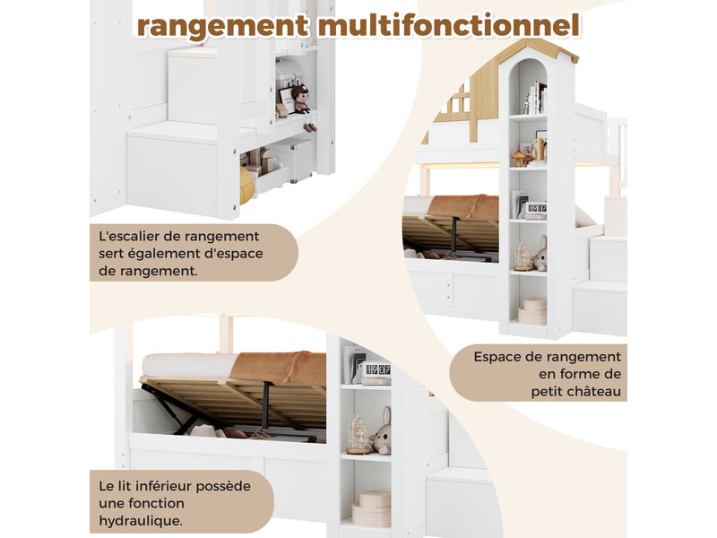  Lit superposé avec lit inférieur hydraulique, lit mezzanine en bois massif, lit enfant, 90 x 200 + 90 x 200 cm, lit en bois, lit cabane, avec éclairage led et escalier de rangement, rangement en forme de château, blanc et nature…  - Conforama E