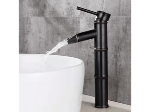 Robinet de salle de bain, mitigeur de lavabo en laiton, robinet monocommande en laiton noir antique et bambou, modèle haut