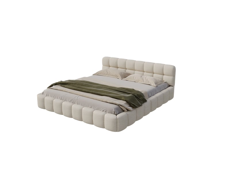  Lit adulte 140x200 à sommier à lattes, tête de lit capitonnée, cadre de lit rembourré en tissu lin, lit double design bulle, lit chambre sans matelas  - Conforama A