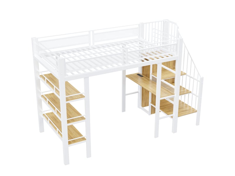  Lit mezzanine enfant 90x200 cm – blanc – bureau, rangement, led et prise intégrée – escalier réversible - sans matelas  - Conforama D