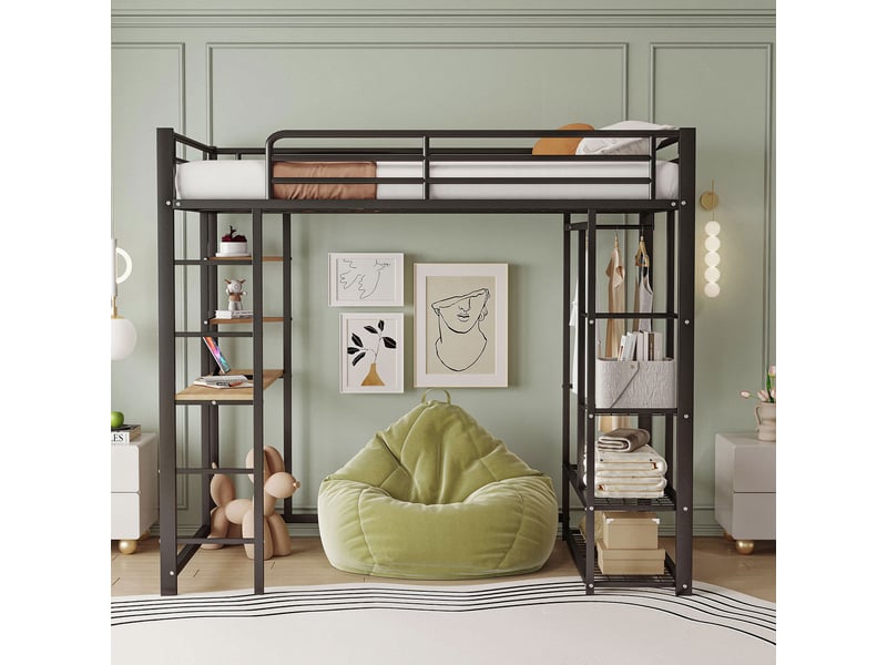  Lit mezzanine 200×90 cm avec bureau, rangements et penderie, sans matelas, en métal noir  - Conforama B