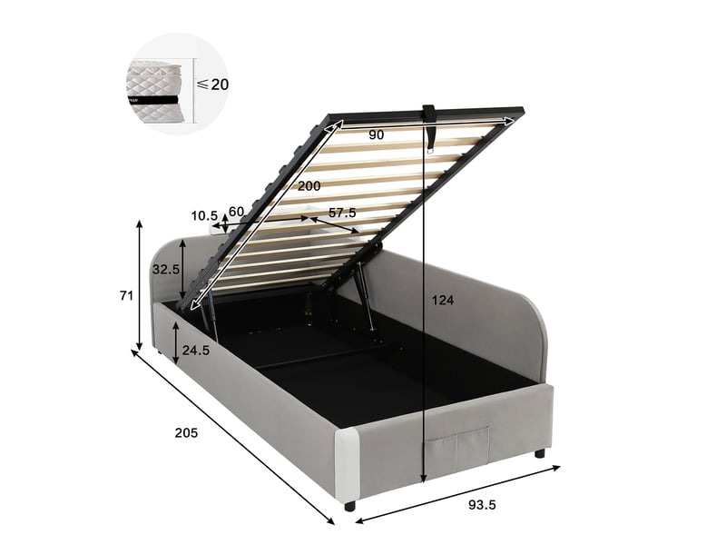  Lit double 2x90x200 cm pour enfant, lit coffre hydraulique avec barrière de sécurité souple et poche de rangement, velours et contreplaqué, gris  - Conforama E