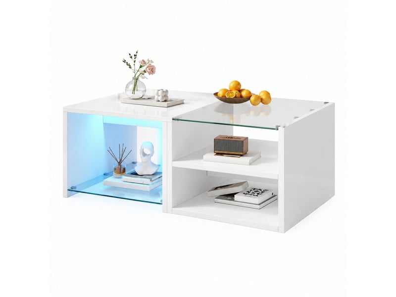  Table basse 100x50x38 cm en panneau de particules et verre avec led et rangements ouverts blanche chicfurn  - Conforama A