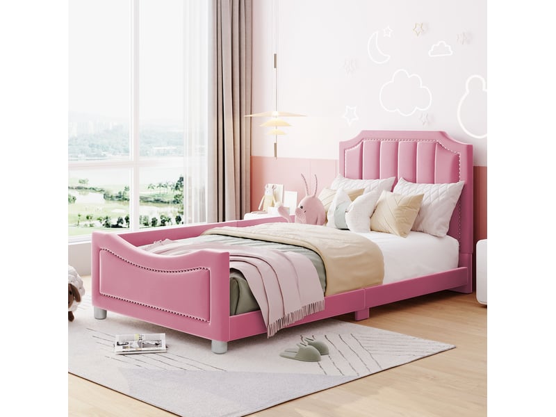  Modenvie lit enfant rembourré 90x200 cm - flanelle douce, sommier 12 lattes, sans matelas - rose  - Conforama D