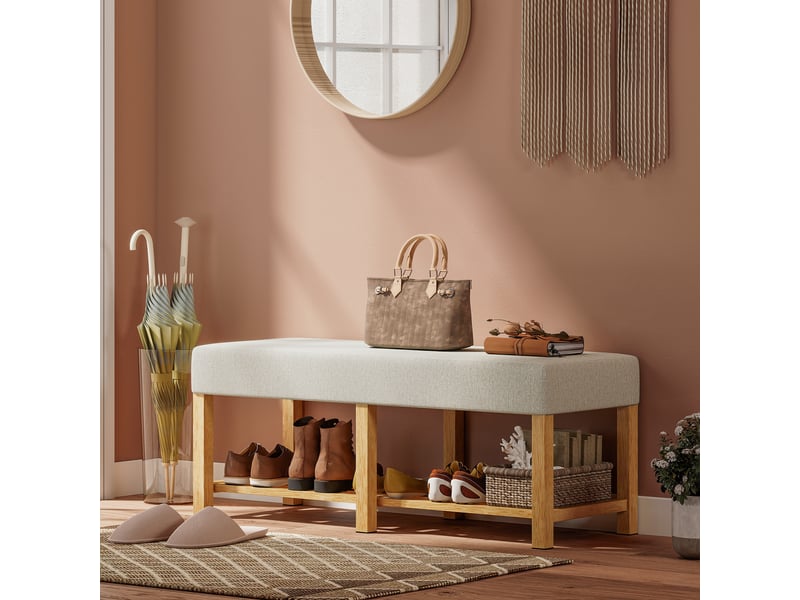  Banc à chaussures, banc de rangement avec siège rembourré, étagère ouverte, bois d'hévéa, 120x44x48cm, bois naturel  - Conforama D