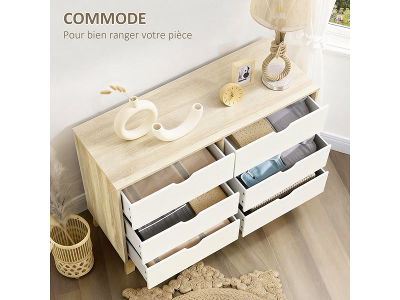  Commode 6 tiroirs style scandinave, chêne et beige, meuble de rangement - dim. 120l x 40p x 76h cm  - Conforama A