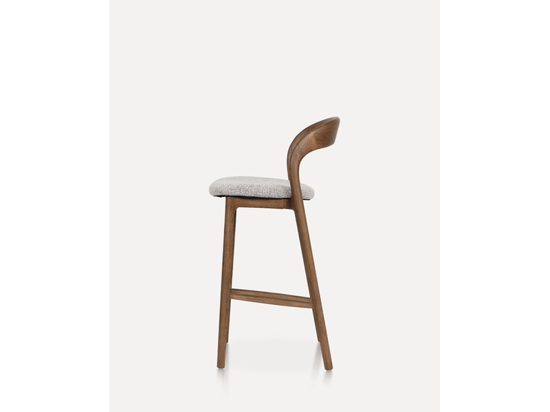Tabouret de bar avec dossier incurvé, assise rembourrée et repose-pieds en bois et tissu noyer et gris clair - Conforama D