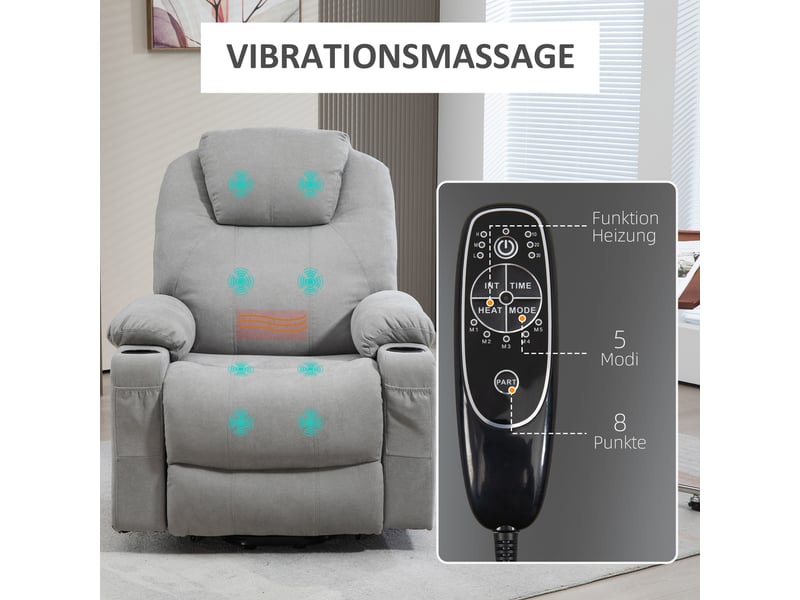 Fauteuil releveur électrique gris clair, massage chauffant, fauteuil relax inclinable avec repose-pieds pour salon - Conforama E