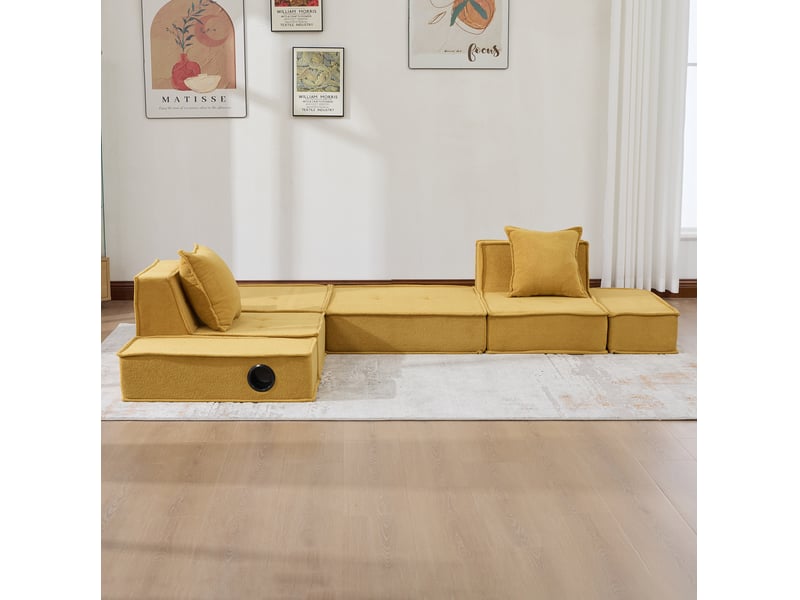 Canapé-lit 2 places en chenille jaune moutarde avec coussins et rangements latéraux - Conforama E