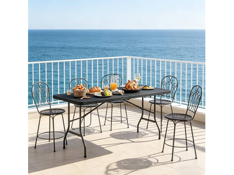  Table à manger extérieure pliante pour 8 personnes avec plateau effet bois et structure acier, noire, 180 × 74 × 70 cm  - Conforama C