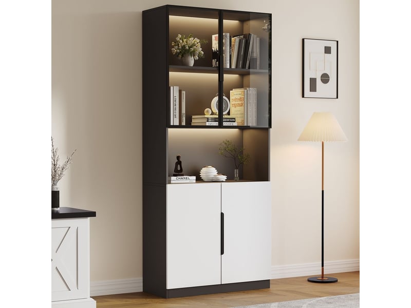  Vitrine salle à manger 80x30x200, rangement pièces collection buffet salon, led intégrées réglables, portes blanches décor noir  - Conforama B