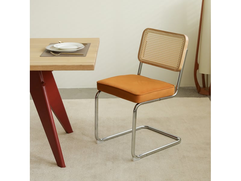 Lot de 4 chaises de salle à manger en velours orange, rotin tressé et acier chromé  - Conforama C