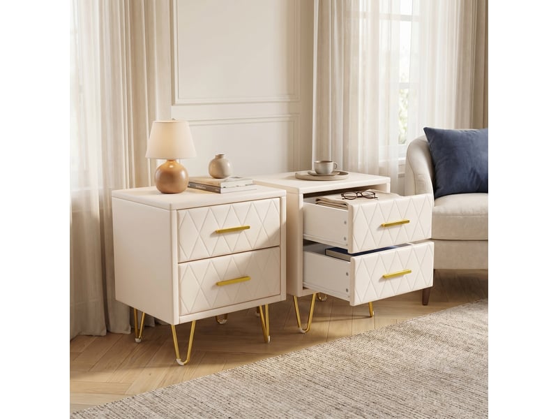  Lot de 2 tables de chevet, 41x35.5x51 cm, avec 2 tiroirs, pieds en métal doré, style moderne, beige  - Conforama B