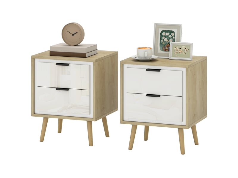  Ensemble de 2 tables de chevet modernes avec 2 tiroirs coulissants silencieux 40 x 35 x 50 cm blanc brillant et chêne  - Conforama B