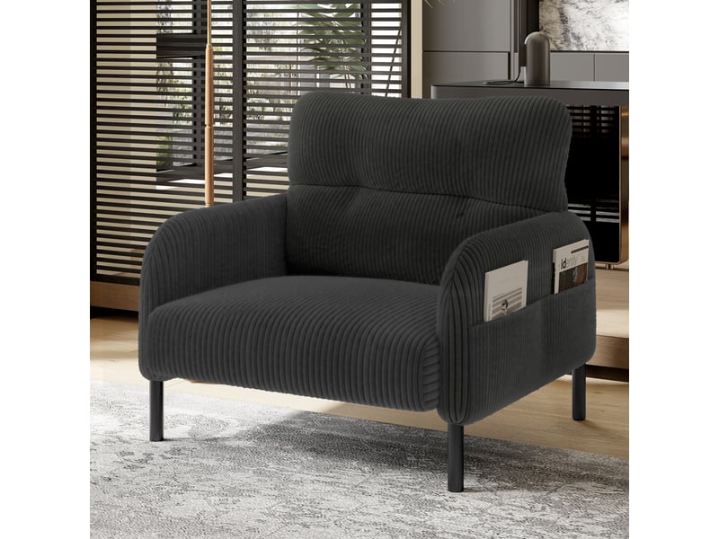  Fauteuil d'accent 67x75x79cm – fauteuil lounge contemporain avec assise profonde et poches latérales double face – velours côtelé - anthracite  - Conforama B