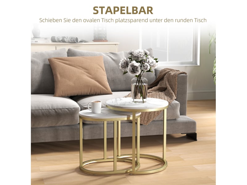  Tables basses gigognes rondes 2 pièces empilables avec pieds réglables, pour salon, en mdf et acier, blanc  - Conforama E