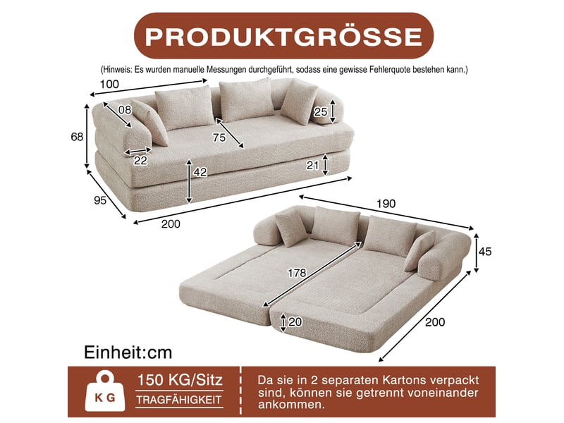  Canapé convertible modulaire 2 places 4-en-1 avec dossier réglable et 4 coussins en chenille kaki  - Conforama C