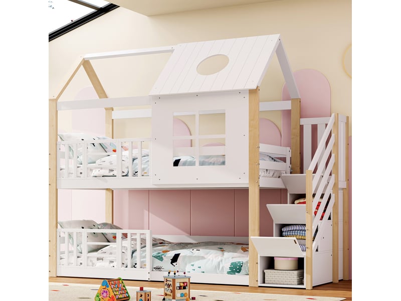 Lit superposé enfant 90x200 cm avec escalier de rangement, blanc et naturel - Conforama B