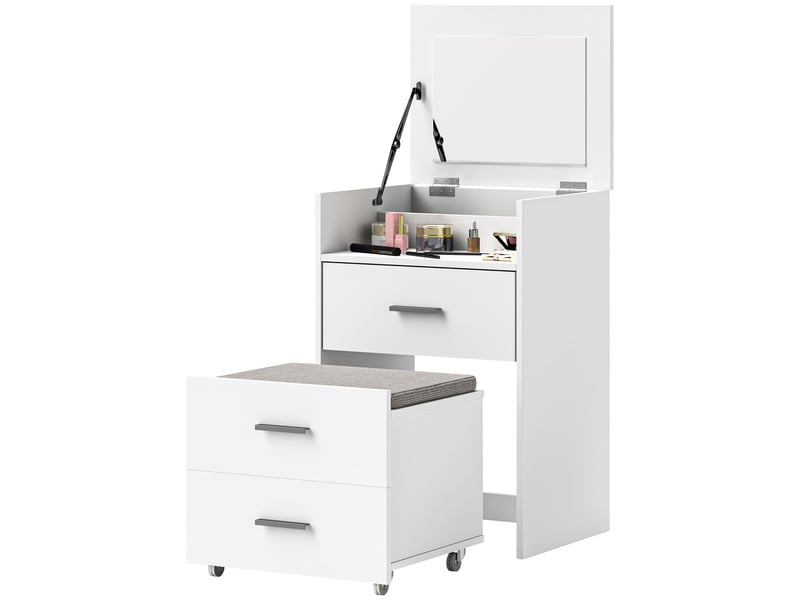  Coiffeuse avec miroir relevable et tabouret à roulettes, table de maquillage avec 2 tiroirs, coussin amovible, blanc  - Conforama B