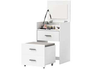 Coiffeuse avec miroir relevable et tabouret à roulettes, table de maquillage avec 2 tiroirs, coussin amovible, blanc