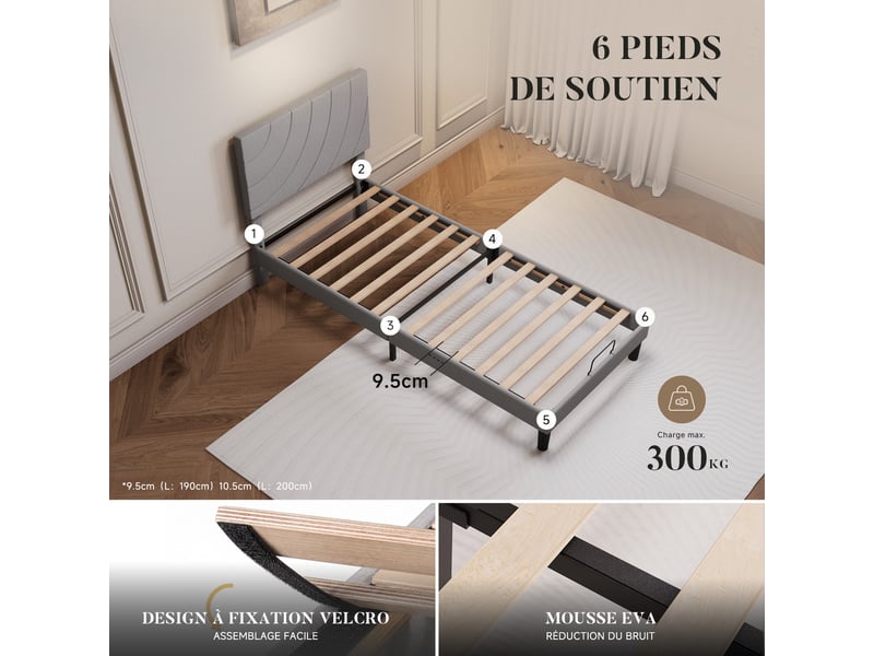 Lit 1 personne 90x200 cm, cadre de lit rembourré avec tête de lit réglable, sommier à lattes, pieds antidérapants, gris  - Conforama C
