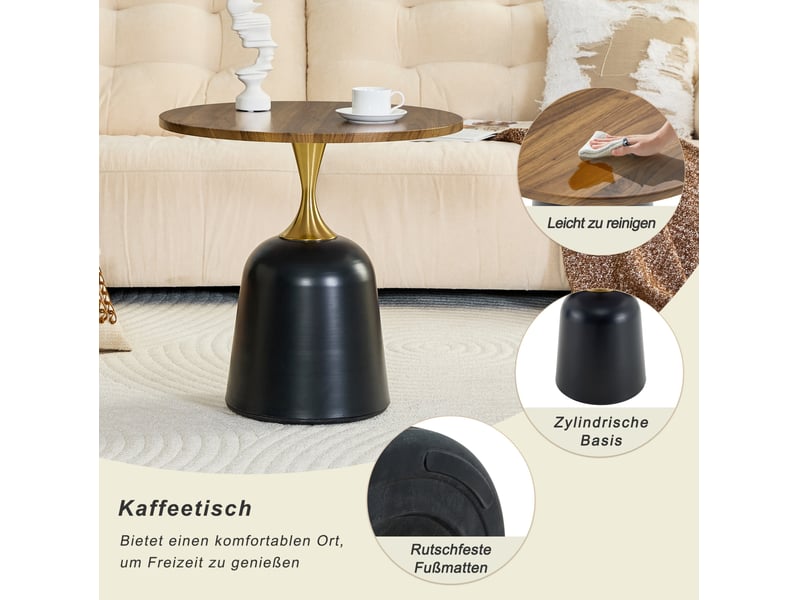  Table basse ronde avec base métallique lestée, style nordique, en mélamine, pour salon et chambre, noyer et noir  - Conforama E