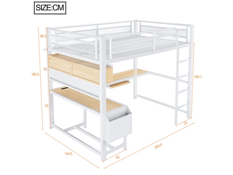  Lit mezzanine 140 x 200 cm avec bureau, led 7 couleurs, prises et usb, blanc  - Conforama C