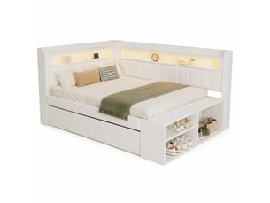 Lit banquette simple 90×200 cm avec led, usb - okmyhome- 2 tiroirs et meuble à chaussures, sans matelas, blanc