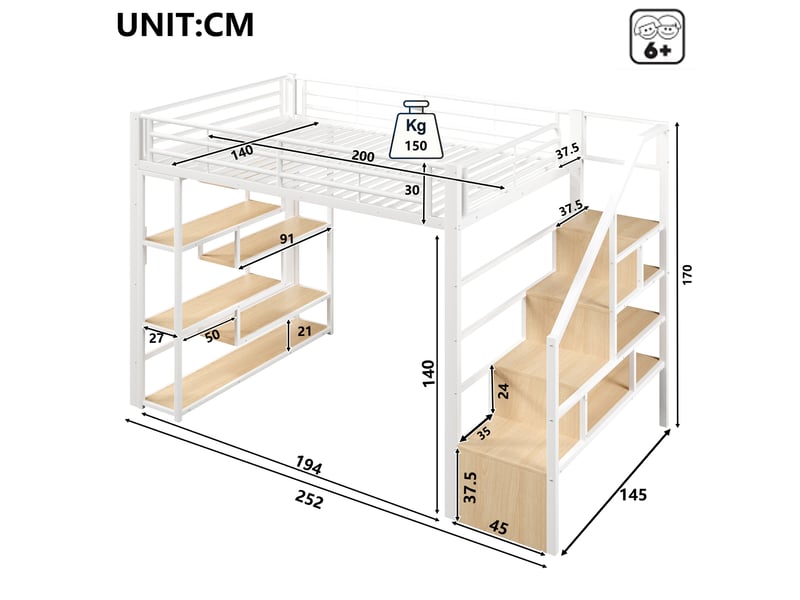  Lit mezzanine 140x200 cm – avec escalier rangement led et étagères – métal et mdf – blanc CozyNest - Conforama C
