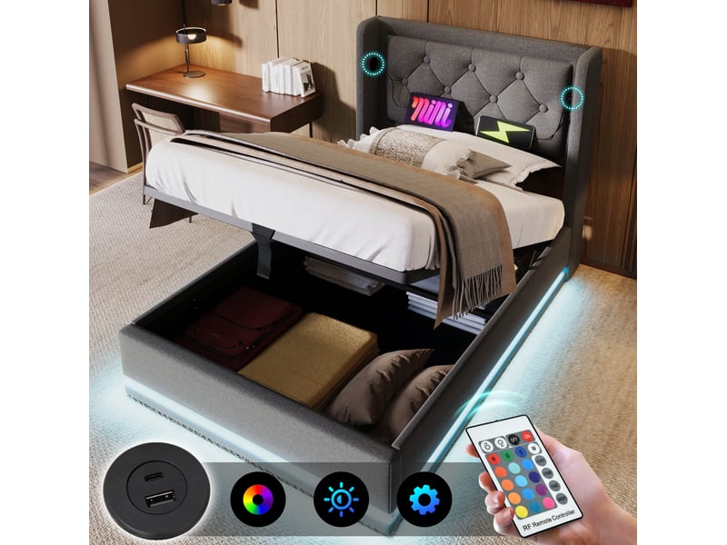  Lit coffre 90 × 200 cm 1 place avec led 3 côtés, usb et type-c, matelas inclus, tissu coton gris  - Conforama E
