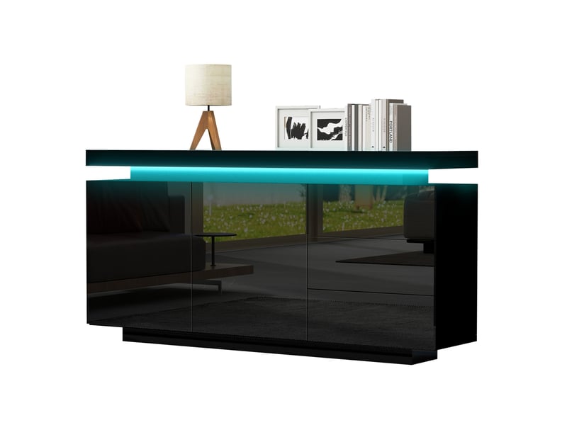  Buffet bas noir brillant avec led, 2 portes et 3 tiroirs - 140 x 35 x 72,5 cm  - Conforama A