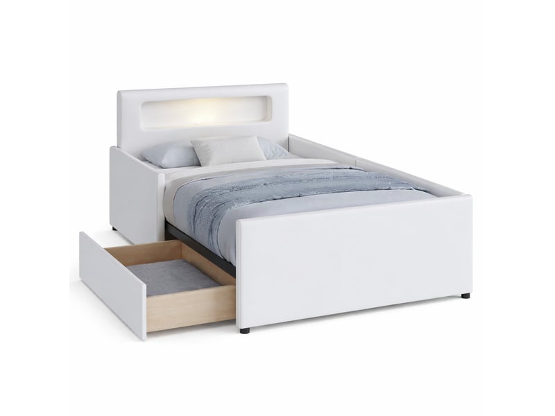  Lit enfant 90x200 cm en similicuir, lit 1 place avec tiroirs, veilleuse led et usb, sans matelas, blanc  - Conforama A