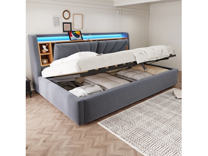  Lit coffre 90x200 cm, lit simple avec led et usb, velours gris foncé, sans matelas  - Conforama B