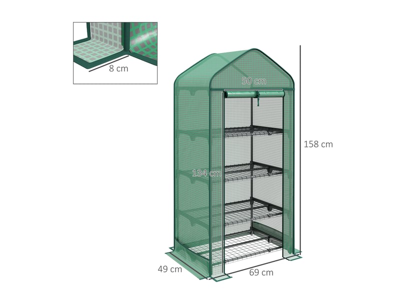Serre à plantes à 4 niveaux avec porte enroulable, métal et pe, 69 x 49 x 158 cm, vert foncé - Conforama E