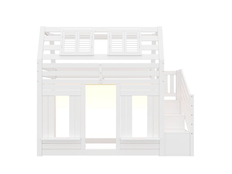 Lit superposé mezzanine enfant bois maison 90x200cm led protection anti chute escalier rangement forme fenêtre blanc  - Conforama A