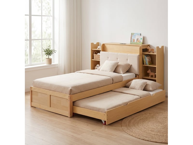  Lit gigogne 90x200 à 180x200 cm en bois et mdf naturel, tête de lit bibliothèque, couchage modulable  - Conforama E