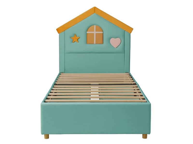  Lit cabane enfant 90x200 en velours avec 4 tiroirs,cadre de lit simple,sans matelas,bleu-vert  - Conforama E