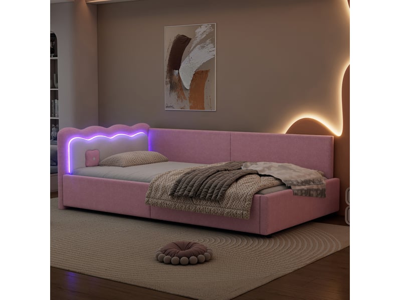  Lit banquette 90x200 cm avec éclairage d’ambiance led, sommier à lattes, vliesimitat+mdf, rose, sans matelas  - Conforama D