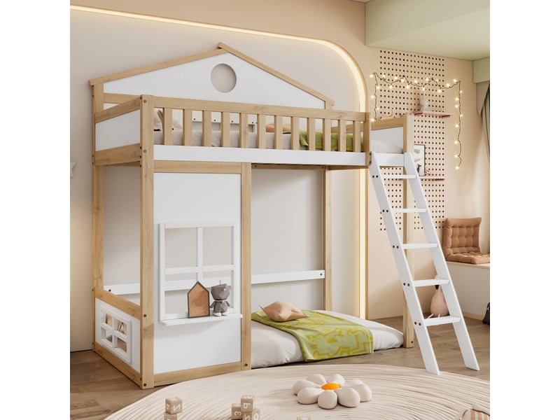  Lit superposé cabane 90x200 cm - bois blanc et naturel - toit, escalier et sécurité enfant  - Conforama B