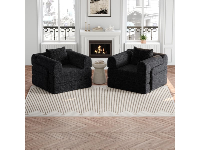  Canapé convertible 2 places - 184x91x70cm - chauffeuse lit chenille, poches rangement, cadre acier - noir  - Conforama C